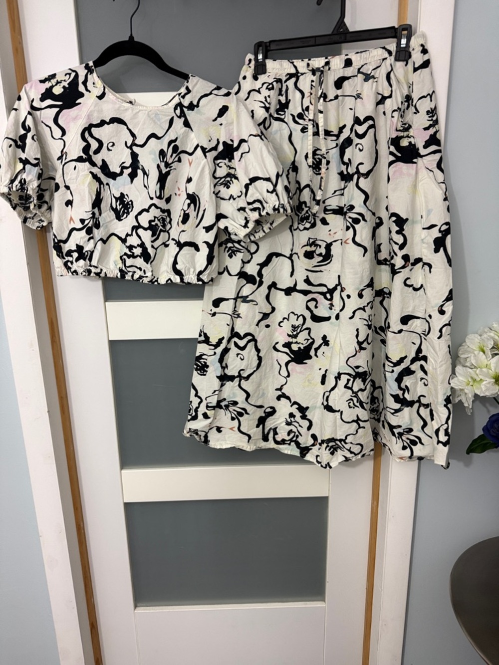 a new day White Floral Maxi Skirt Set with Black Abstract Print